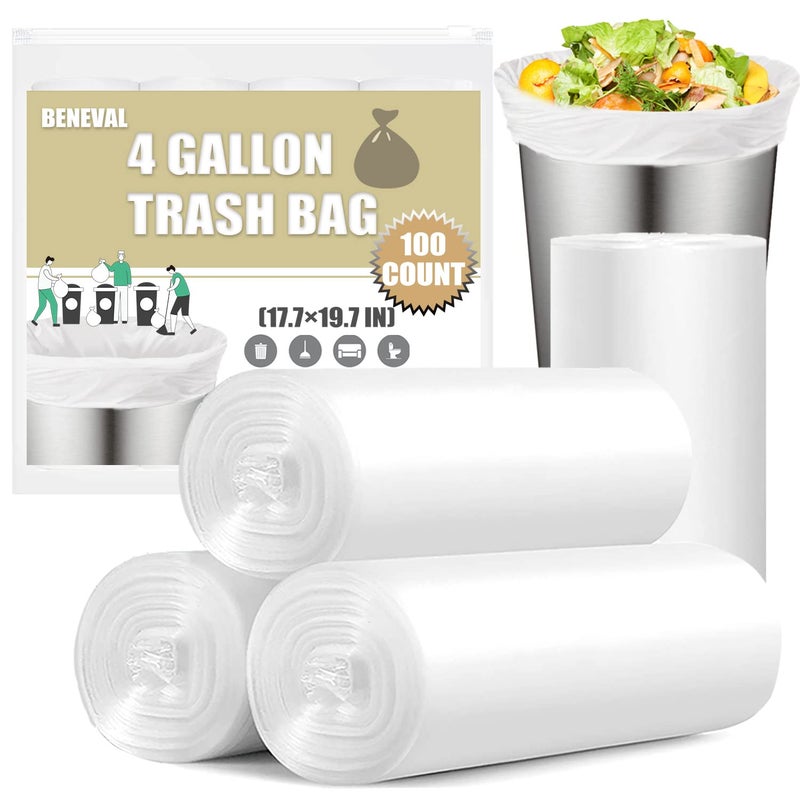 BENEVAL Small Trash Bags 4 Gallon - 100 Count 4 Gallon Trash Bag, Small Garbage Bags for Office Bedroom Bathroom Trash Bags, White 4 Gal Small Trash Can Liners - Image 1